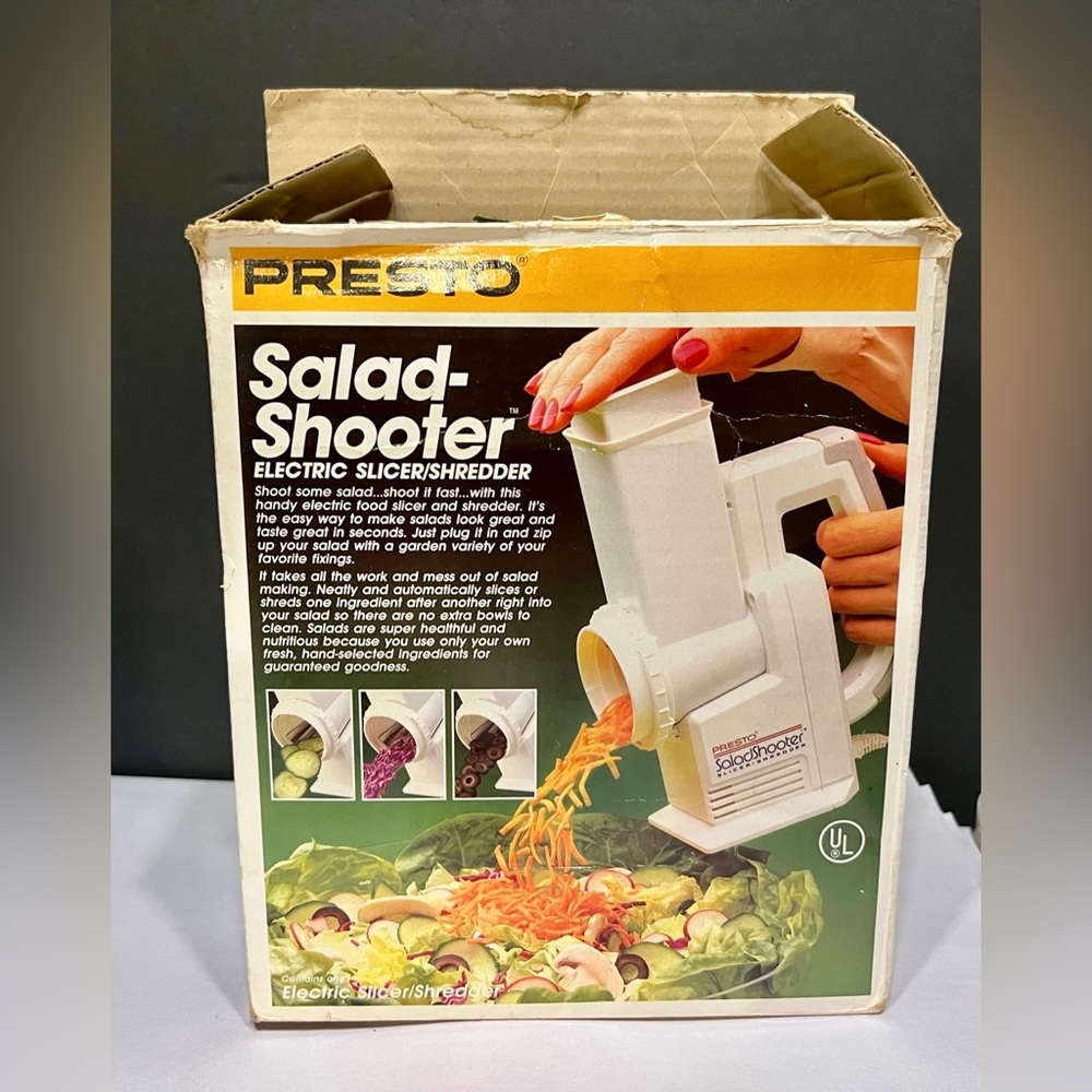 Vtg 1988 Presto Salad Shooter Electric Slicer/Shredder, in open box. WORKS!!!